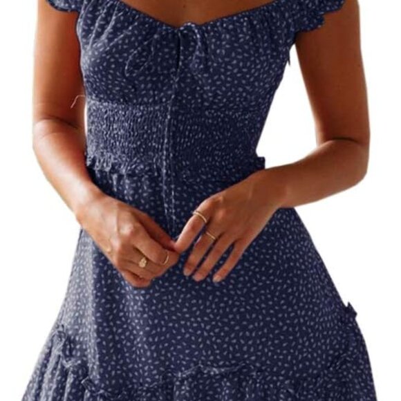 Women's Smocked Dress Floral Tie Front Boho Ruffle Mini for Party Vacation - Picture 1 of 7